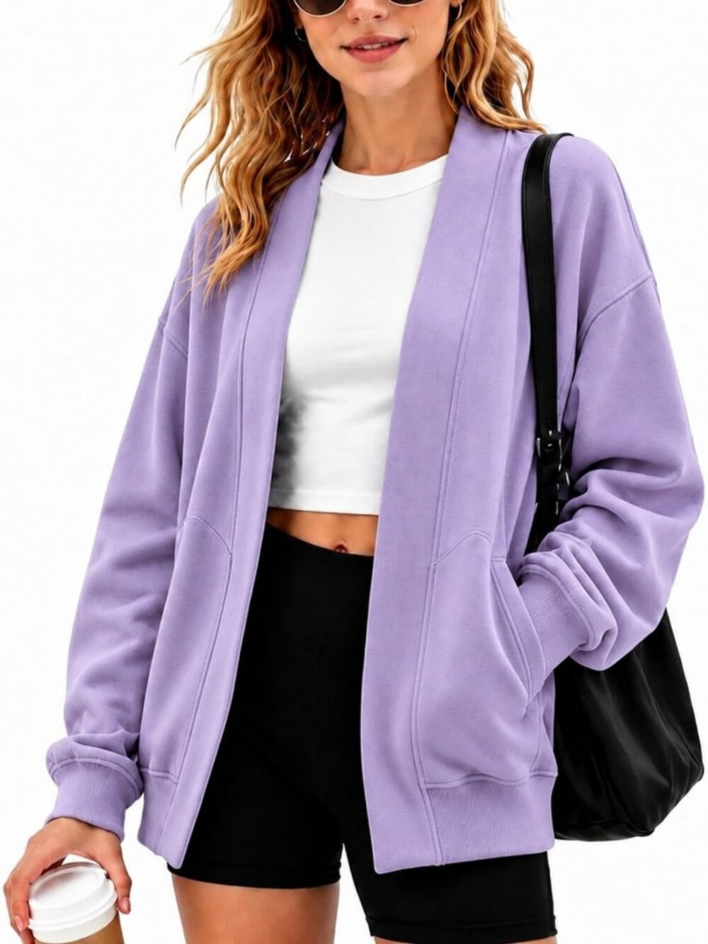 Oversized Cotton Open Front Cardigan - Lightweight Casual Athleisure Jacket with